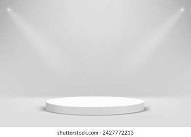 White room with showcase and bright lamps. Realistic showcase for product advertisement. 3d vector illustration 