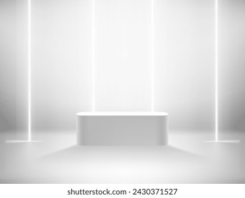 Weißer Raum mit Vitrine und Neonlampen. Vektor-Illustration im 3D-Stil 