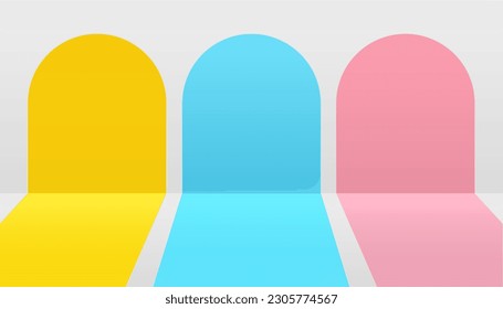 White room studio with pink and blue stripes on the background and floor, pastel colors feel sweet and fresh.