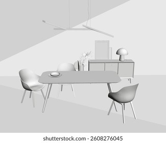 A white room with a table and chairs. The table is in the middle of the room and has a vase on it. There are two chairs on either side of the table