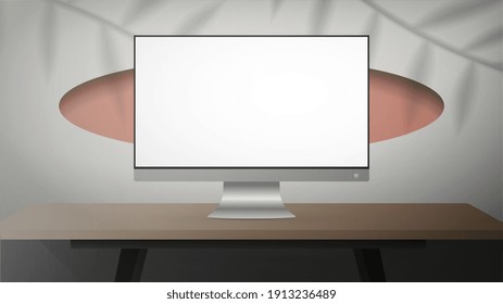 White room with wooden table and monitor. Monitor with a white screen. Shadows from leaves. Vector illustration, realistic style.