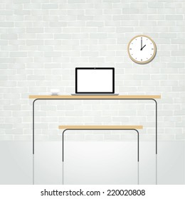 White room for working space with brick wall texture. Image interior design and decoration concept.