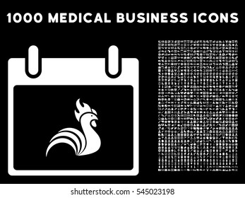 White Rooster Calendar Day vector icon with 1000 medical business pictograms. Set style is flat symbols, white color, black background.