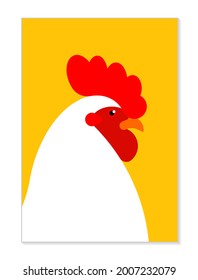 White Rooster head poster. Rooster close-up, side view. Beautiful white fowl, mascot. Farm poultry in minimalistic style on yellow background. Vector illustration for cover, card, announcement