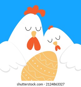 A white rooster and a hen are hugging an Easter egg. Square postcard, poster, banner Happy Easter. Minimalistic design on a blue background. For publications in social networks, mobile applications