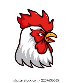 White rooster mascot, vector chicken, cock or cockerel head. Angry animal of poultry farm with white feathers and red comb. Isolated rooster head crowing with open beak, sport team mascot, club symbol