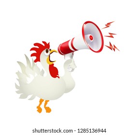 White rooster screaming in a megaphone. Humorous vector isolated illustration