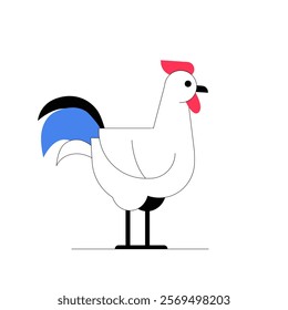 White Rooster Standing Upright In Minimalist Style In Flat Vector Illustration Symbolizing Rural Farming, Livestock, And Agriculture, Isolated On White Background.