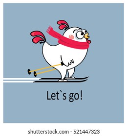 White Rooster symbol 2017. Rooster on skis wearing a scarf goes for a walk. Cartoon Cock chicken skiing.  Christmas card