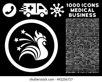 White Rooster vector rounded icon. Image style is a flat icon symbol inside a circle, black background. Bonus set contains 1000 medicine business elements.