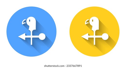 White Rooster weather vane icon isolated with long shadow background. Weathercock sign. Windvane rooster. Circle button. Vector