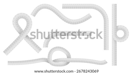 White rope collection with knot designs and twisted cord for nautical or decorative use. Braided fiber with loops, curves and straight sections with woven texture. Marine cordage elements for sailing.