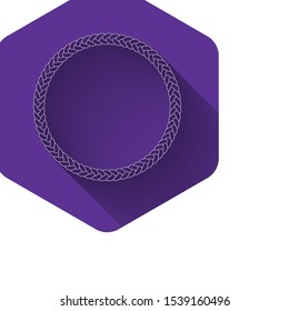 White Rope frame icon isolated with long shadow. Frames from nautical rope. Round marine rope for decoration. Purple hexagon button. Vector Illustration