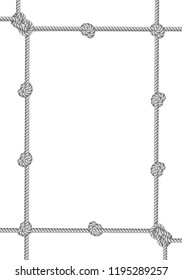 White rope woven vector border with rope knots, vertical vector frame, isolated on white background