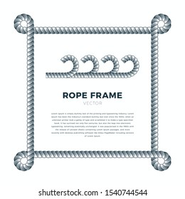 White rope woven vector border with rope knots, square vector frame,. Isolated on white.