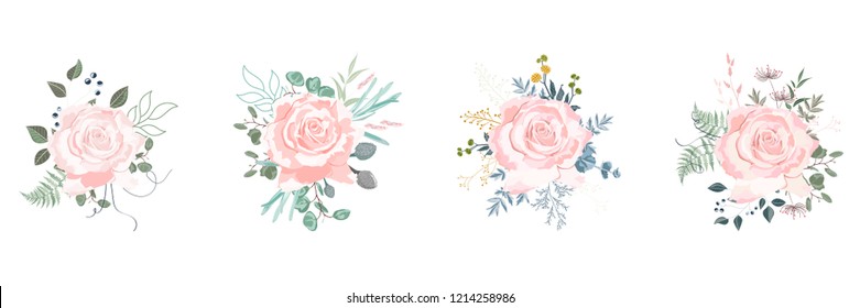 White rosa canina, garden flowers, berries, greenery and herbs vector set. White background for wedding save the dates.