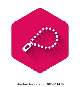 White Rosary beads religion icon isolated with long shadow background. Pink hexagon button. Vector