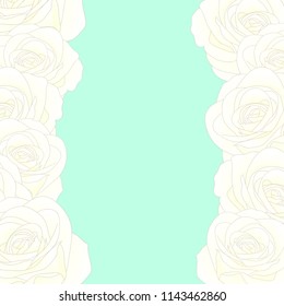 White Rose Border - Rosa isolated on Green Mint Background. Valentine Day. Vector Illustration.