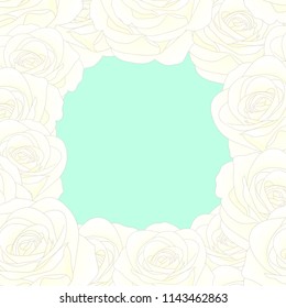 White Rose Border - Rosa isolated on Green Mint Background. Valentine Day. Vector Illustration.