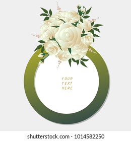 white rose bouquet with circle frame,flower vector illustration for invitation,greeting card and presentation,wedding day,ring concept