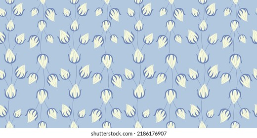 White rose buds vertical vines with baby blue background vector seamless pattern. Great for fabric, textile, kids accessories, packaging projects and more