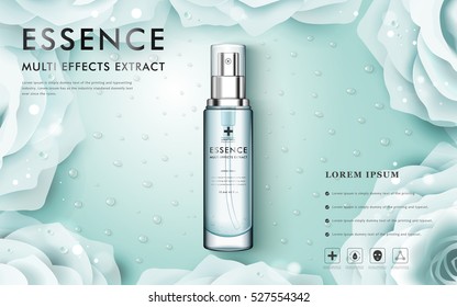 White rose or camellia cosmetic ads, spray bottle isolated on light blue background with water drop, 3D illustration