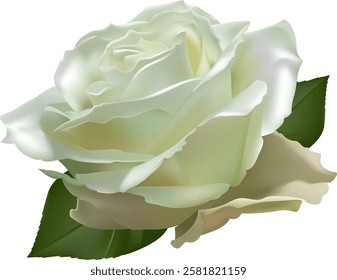 White rose with delicate petals blooming gracefully, showcasing its beauty and elegance with vibrant green leaves, creating a captivating floral composition