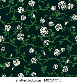 White rose floral seamless pattern with climbing curly flower, green leaf and thorn. Cute beautiful black dark background, vector. Gothic, old garden, romantic fairy style. Elegant hand drawn texture