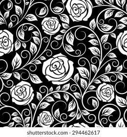 White rose floral seamless pattern with curled tips and dainty leaves on black background, for luxury interior design