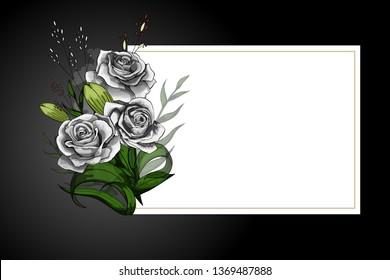 White rose flower bouquet on white frame with black border. Save the date, sympathy, condolences or strict style postcard vector template.