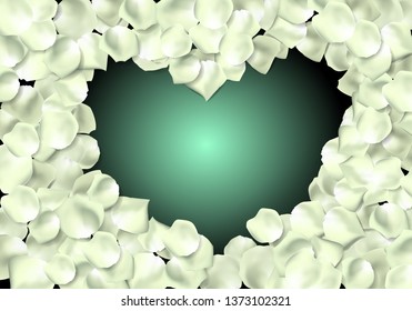 White rose flower petals in shape of heart on dark background. Vector illustration.
