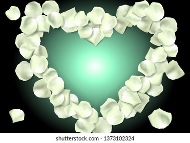 White rose flower petals in shape of heart on dark background. Vector illustration.