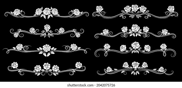 White rose flower vintage borders, dividers and floral swirls, vector pattern frames. Floral line ornaments, flourish ornate borders and embellishment dividers for wedding or menu card