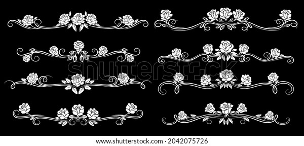 White
rose flower vintage borders, dividers and floral swirls, vector
pattern frames. Floral line ornaments, flourish ornate borders and
embellishment dividers for wedding or menu
card