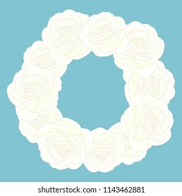 White Rose Flower Wreath. isolated on Blue Background. Vector Illustration.