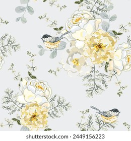 White rose flowers and leaves bouquets, chickadee birds, gray background. Floral illustration. Vector seamless pattern. Botanical design. Nature garden plants