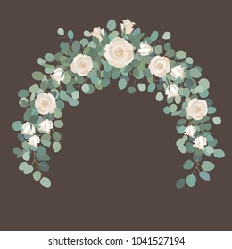 White Rose Flowers And Silver Dollar Eucalyptus Garland, Round Wreath. Greeting, Wedding Invite Template. Round Frame Border With Save The Date Text. Vector