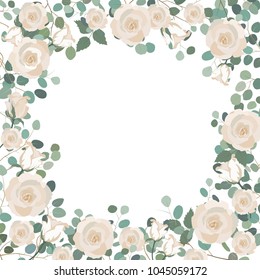 White Rose flowers and silver dollar Eucalyptus frame. Greeting, wedding invite template. Square frame border with place for text. Vector illustration