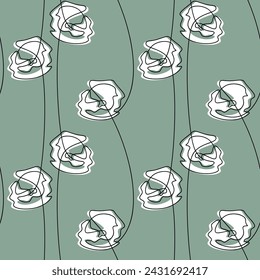 White rose flowers. Vector outline seamless pattern. Abstract floral illustration. Hand drawn botanical backdrop. Line continuous wallpaper, cartoon background, fabric, textile print, green background