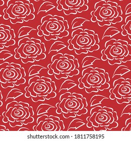 White rose line pattern on red background