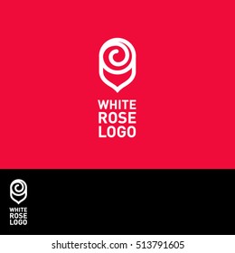 Logo der weißen Rose. Spa-Emblem. Schönheit kosmetisch. Logo der Fingerie. Flache Rose einzeln auf rotem Hintergrund