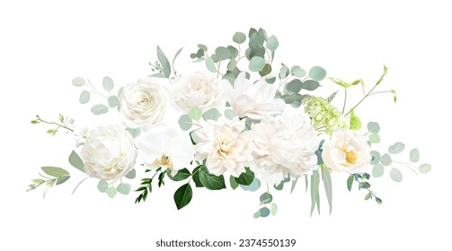 White rose, orchid, magnolia, beige ranunculus, peony, green hydrangea, dahlia, eucalyptus vector design bouquet. Classic wedding sage, blush and white flowers. All elements are isolated and editable