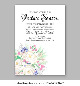 White rose peony wedding invitation fir berry floral background