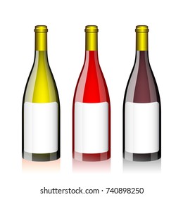 White, rose, and red wine bottles set
