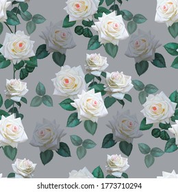 White rose seamless pattern on grey background -vector