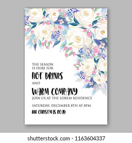White rose vector background christmas party invitation wedding card template flower fir needle winter background