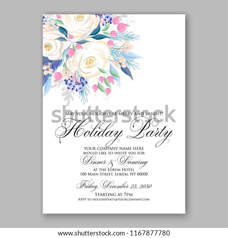  White Rose Wedding Invitation, invite card Design  watercolor pink, peach rose ranunculus flower privet blue berry,eucalyptus, autumn fall leaf bouquet, frame border Vector floral garden template