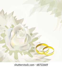 White rose and wedding rings. Wedding Card.