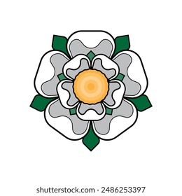 White Rose of York | Heraldic Flower Badge Emblem Vector Illustration | Flat White Petals, Green Leaves, Black Outline