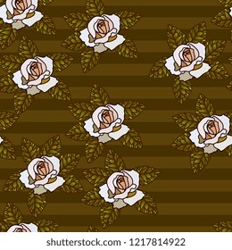 White roses with bright green leaves on dark striped background. Seamless graphic pattern.